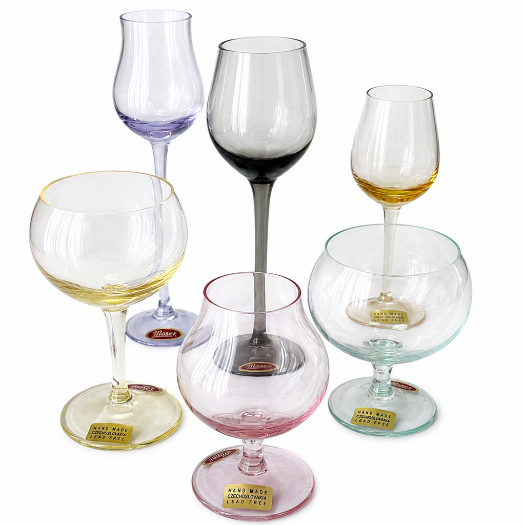 Moser Coloured Crystal Miniature Liqueur Glass Set of 6, Boxed Czech Glass, Hand Made Czechoslovakia Lead Free, Original Moser Box