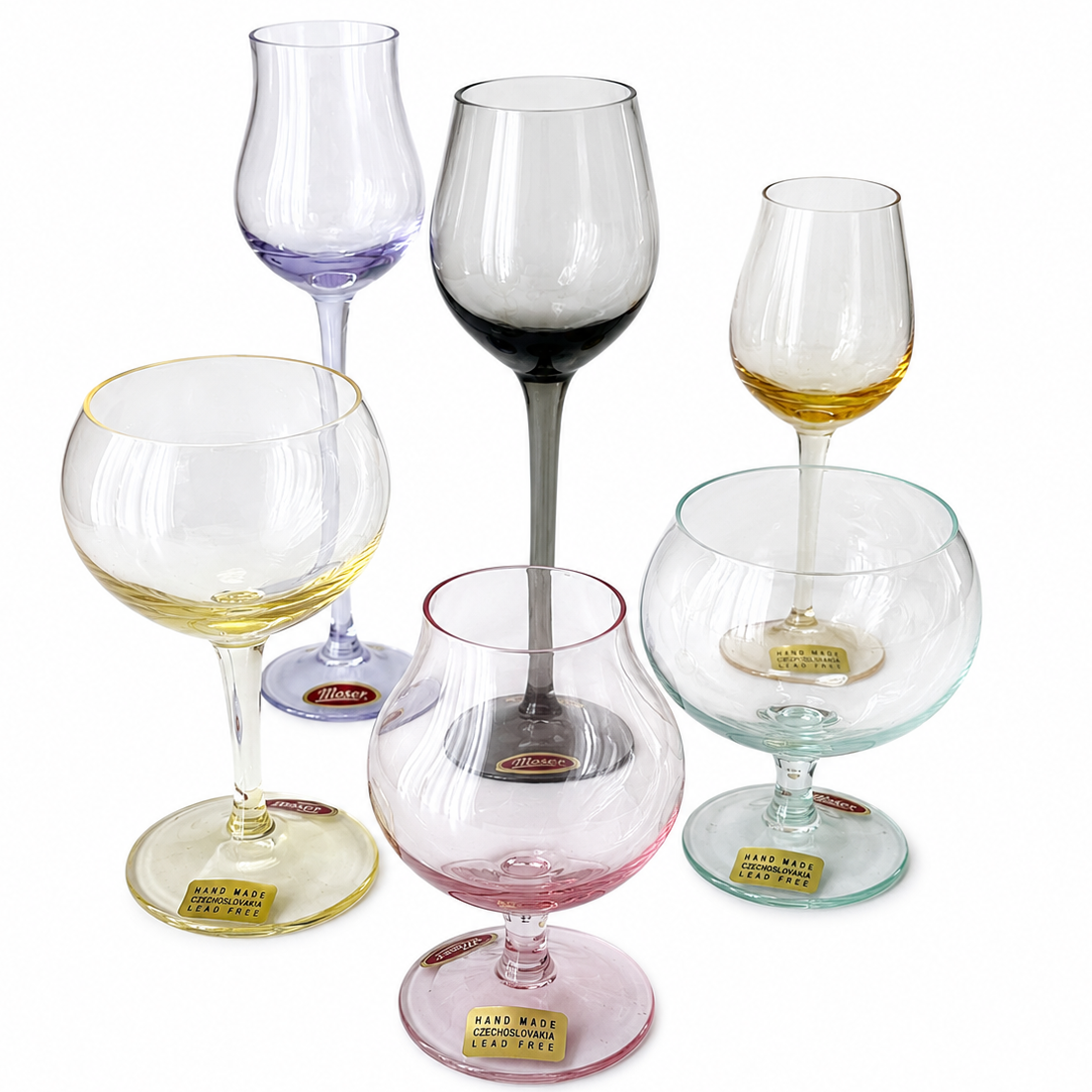 Moser Coloured Crystal Miniature Liqueur Glass Set of 6, Boxed Czech Glass, Hand Made Czechoslovakia Lead Free, Original Moser Box