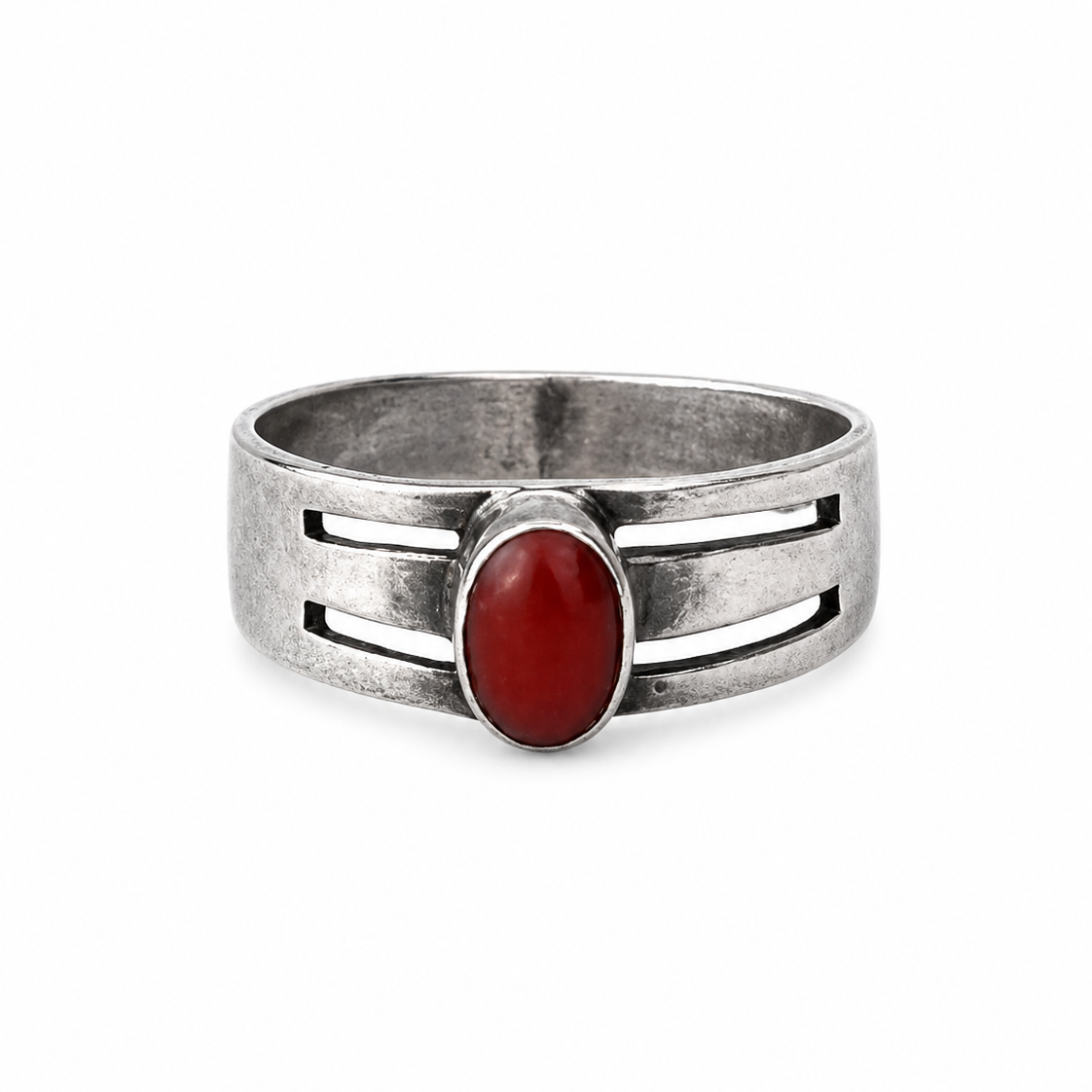 Vintage 835 Silver Red Coral Ring, Modernist Split Band, Size US 6 UK L½