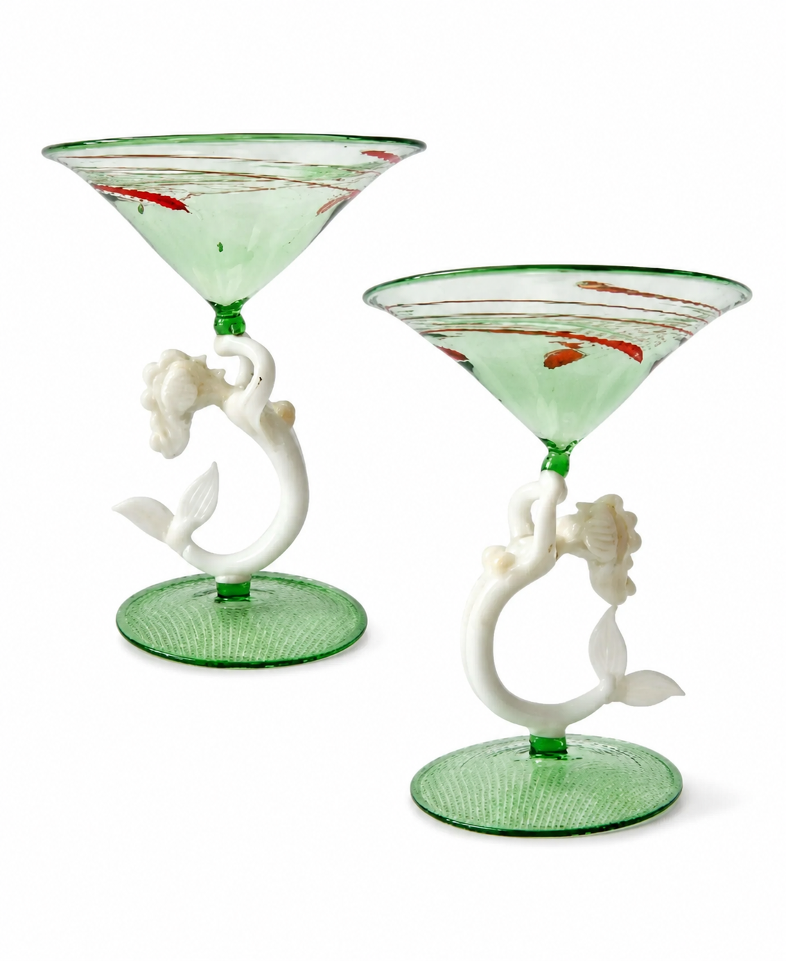 Lauscha Mermaid Glass Decanter Set, German Art Deco Green Glass Stemware, Circa 1900s