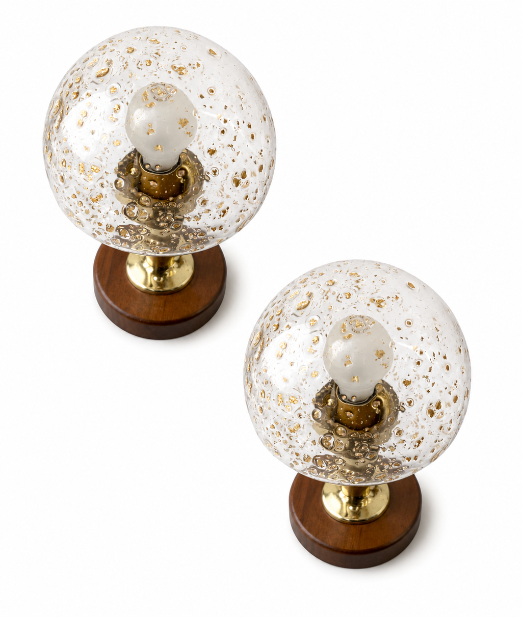 Vintage Helena Tynell Style Bubble Glass Table Lamps, Temde Brass Wood Pair