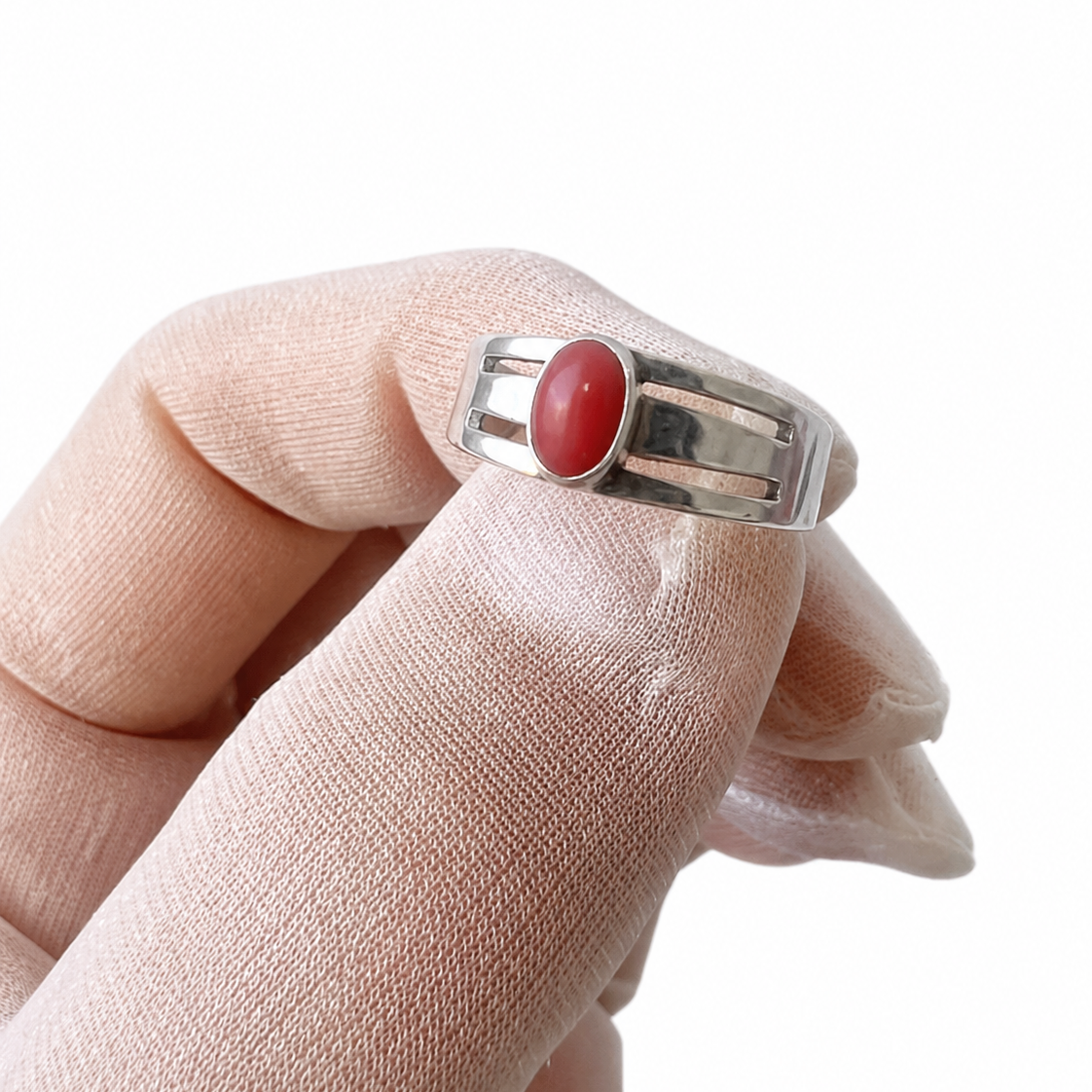 Vintage 835 Silver Red Coral Ring, Modernist Split Band, Size US 6 UK L½