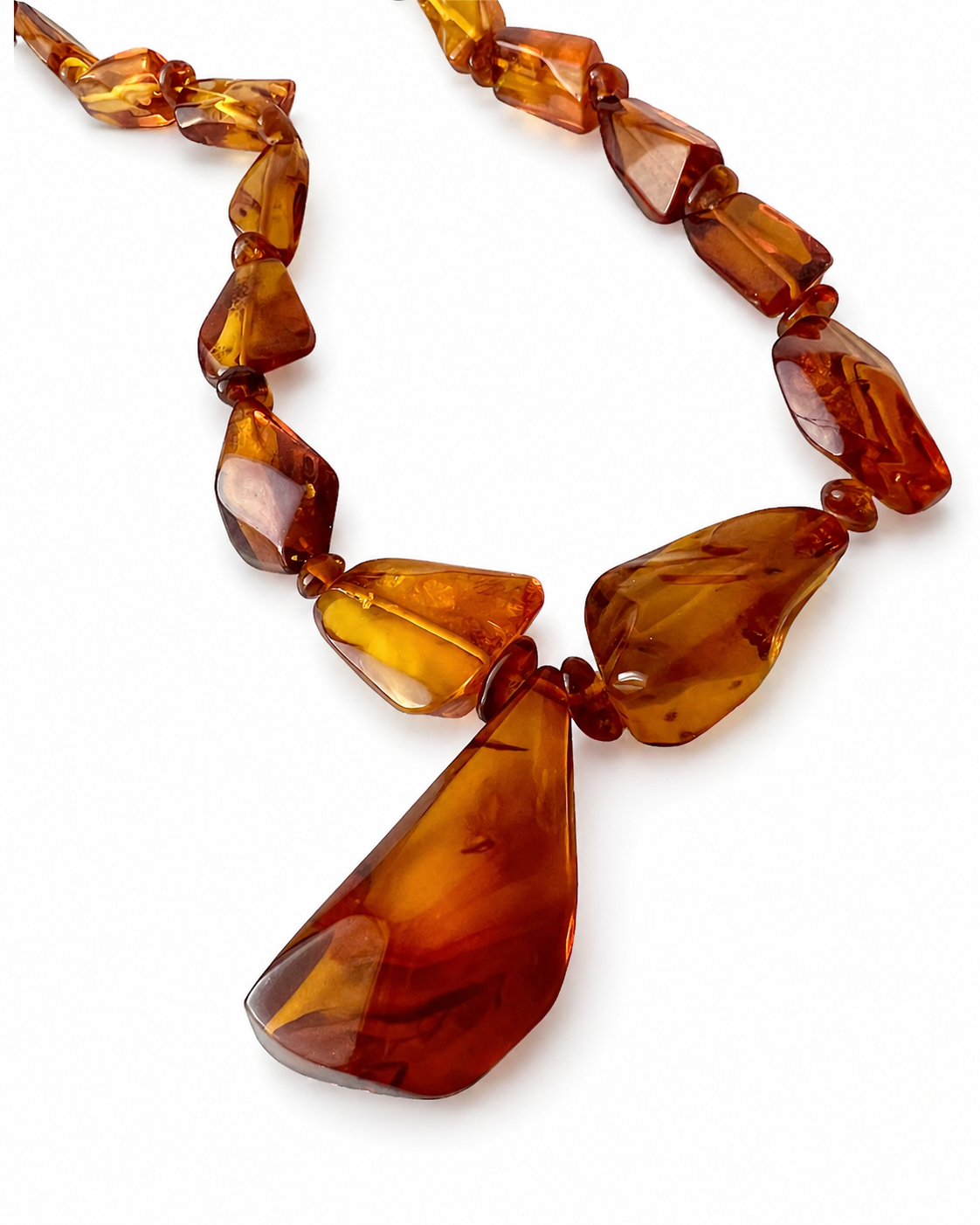 Vintage Natural Amber Necklace With Drop Pendant, Honey Cognac Beads.