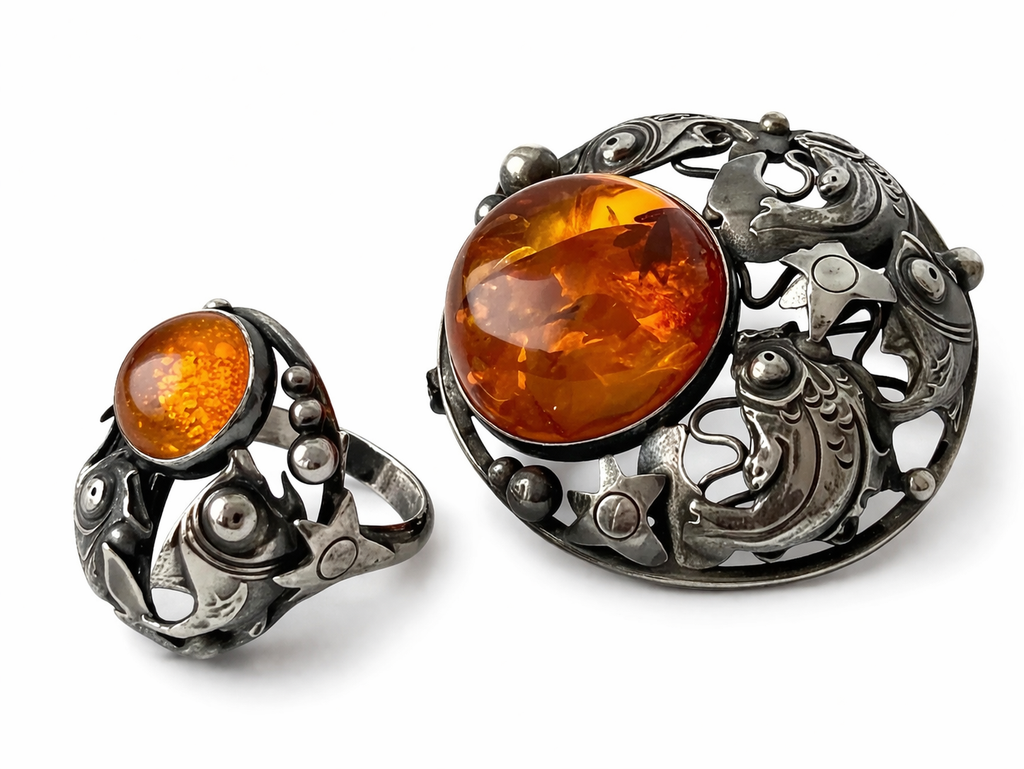 Niels Erik From Danish Sterling Silver Amber Brooch Scandinavian Fish Design