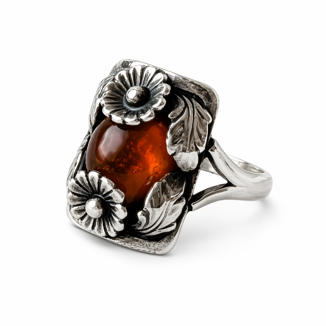 Vintage Baltic Amber Ring, Daisy Design, Sterling Silver, Danish Modernist, Niels Erik From. UK size: P 1/2