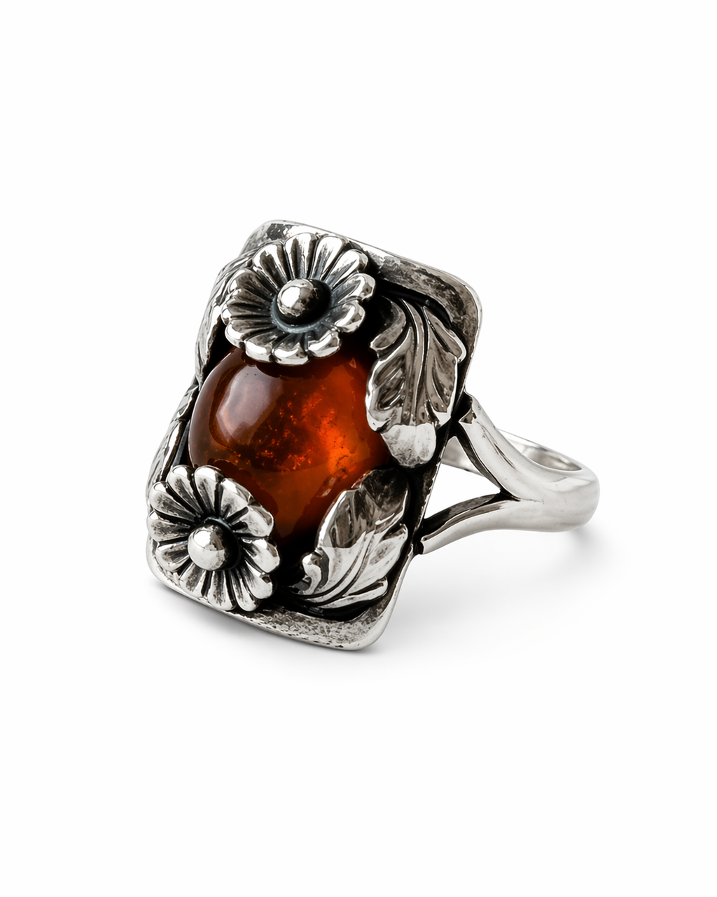 Vintage Baltic Amber Ring, Daisy Design, Sterling Silver, Danish Modernist, Niels Erik From. UK size: P 1/2