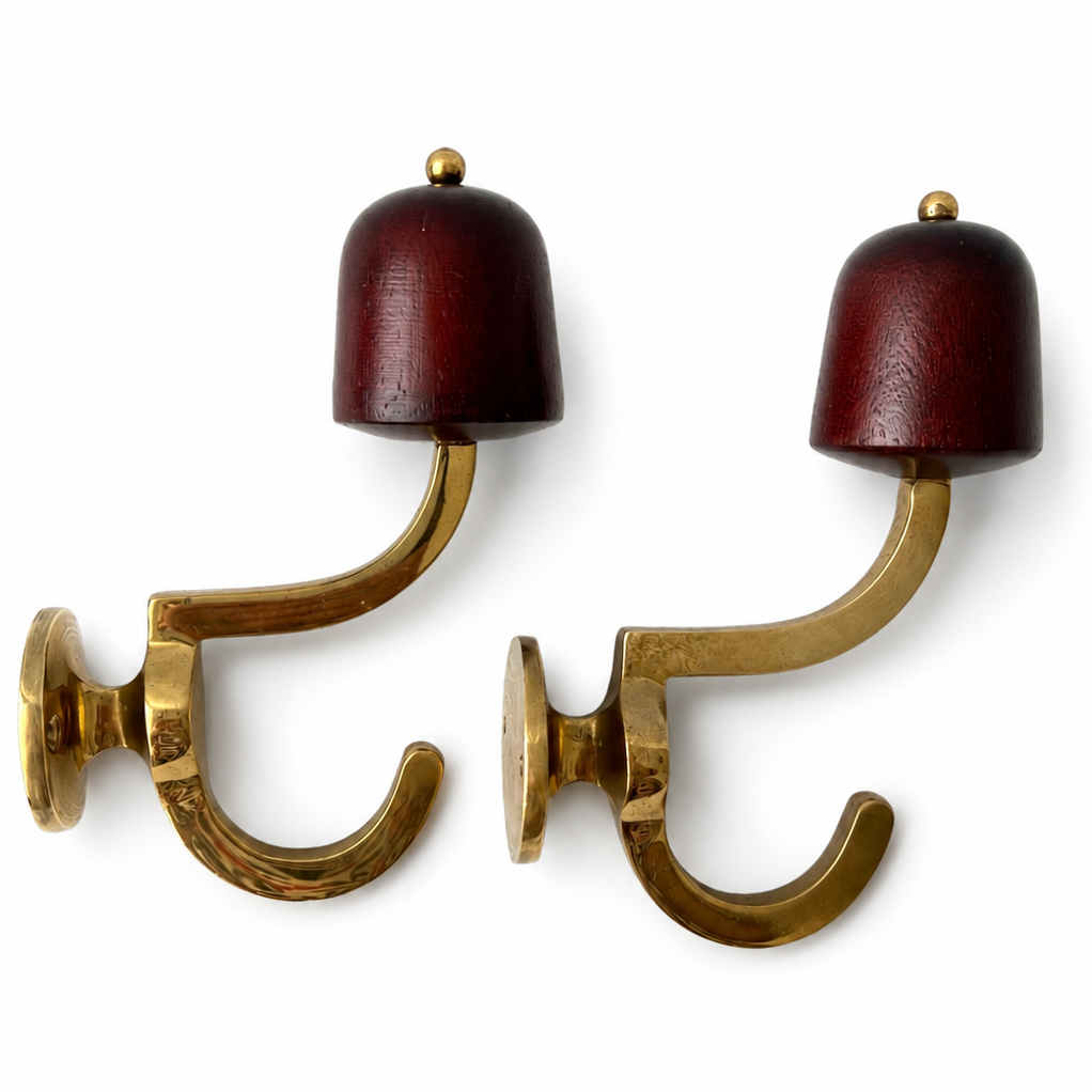 Pair Of Vintage Brass And Wood Wall Hooks, Mid Century Hallway Hardware