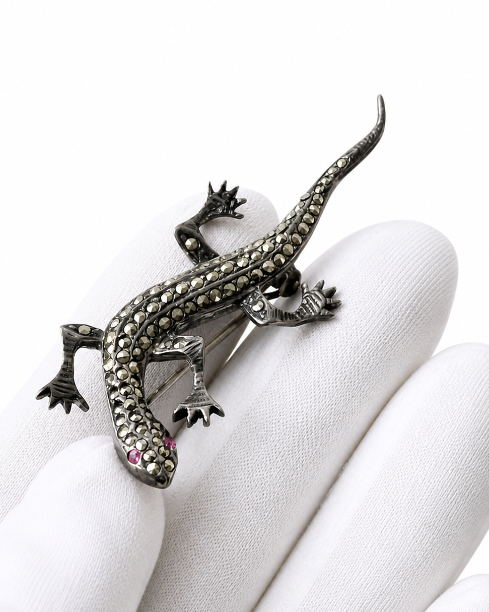 Vintage Silver Marcasite Lizard Brooch with Ruby Eyes.