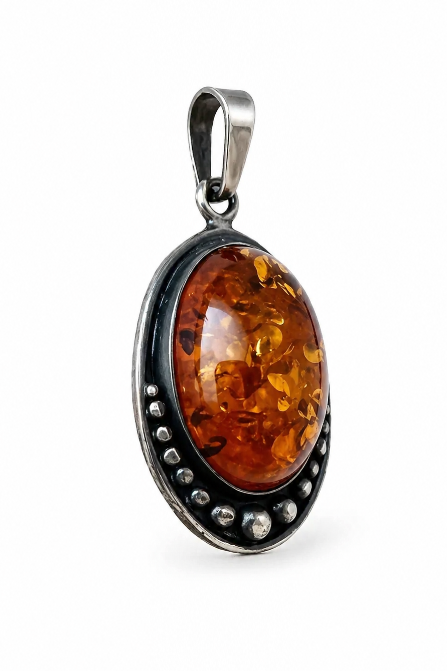 Vintage Baltic Amber Sterling Silver Pendant, 925 Beaded Oval Cabochon