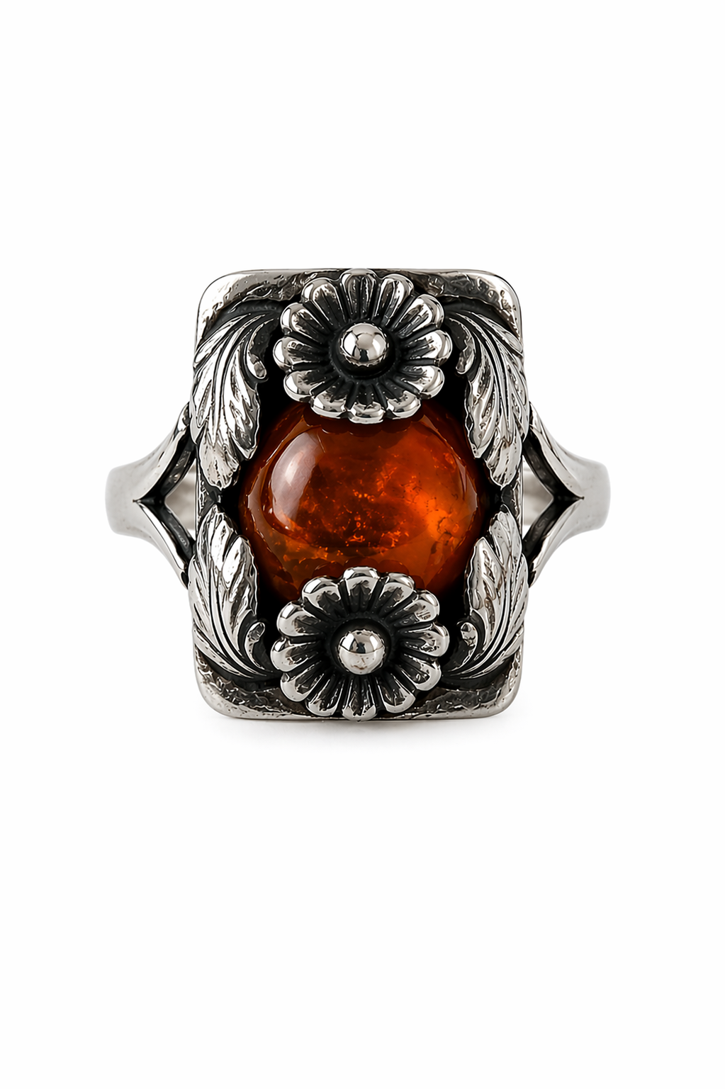 Vintage Baltic Amber Ring, Daisy Design, Sterling Silver, Danish Modernist, Niels Erik From. UK size: P 1/2
