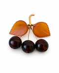 Vintage Amber Cherry Brooch, Soviet Gold Plated Fruit Pin, 1980s USSR Jewellery