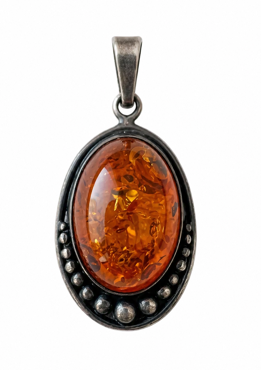 Vintage Baltic Amber Sterling Silver Pendant, 925 Beaded Oval Cabochon