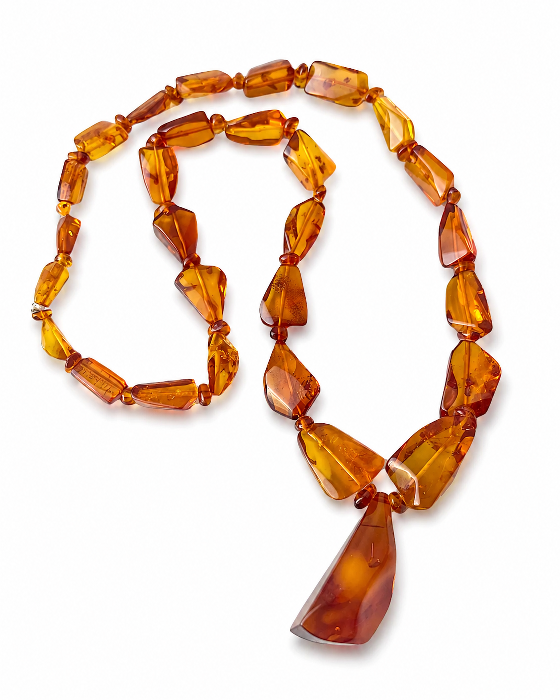 Vintage Natural Amber Necklace With Drop Pendant, Honey Cognac Beads.