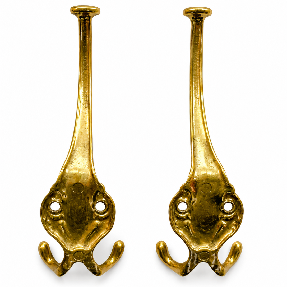 Pair Vintage Double Brass Wall Hooks, Ornate Coat Hat Hangers