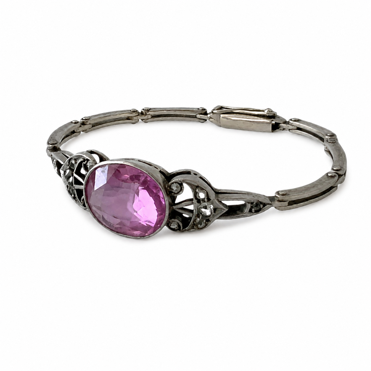 Soviet Russian 875 Silver Bracelet • Russkie Samotsvety • Pink Stone • 1960s USSR