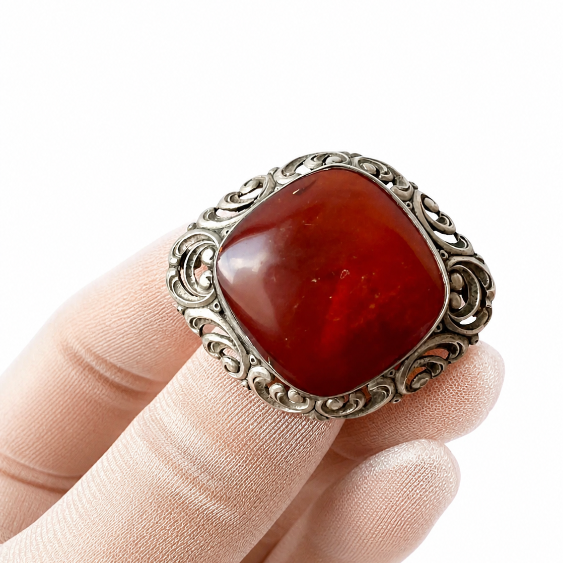 Antique Silver & Natural Amber Brooch. Ornate Art Nouveau Scrollwork.
