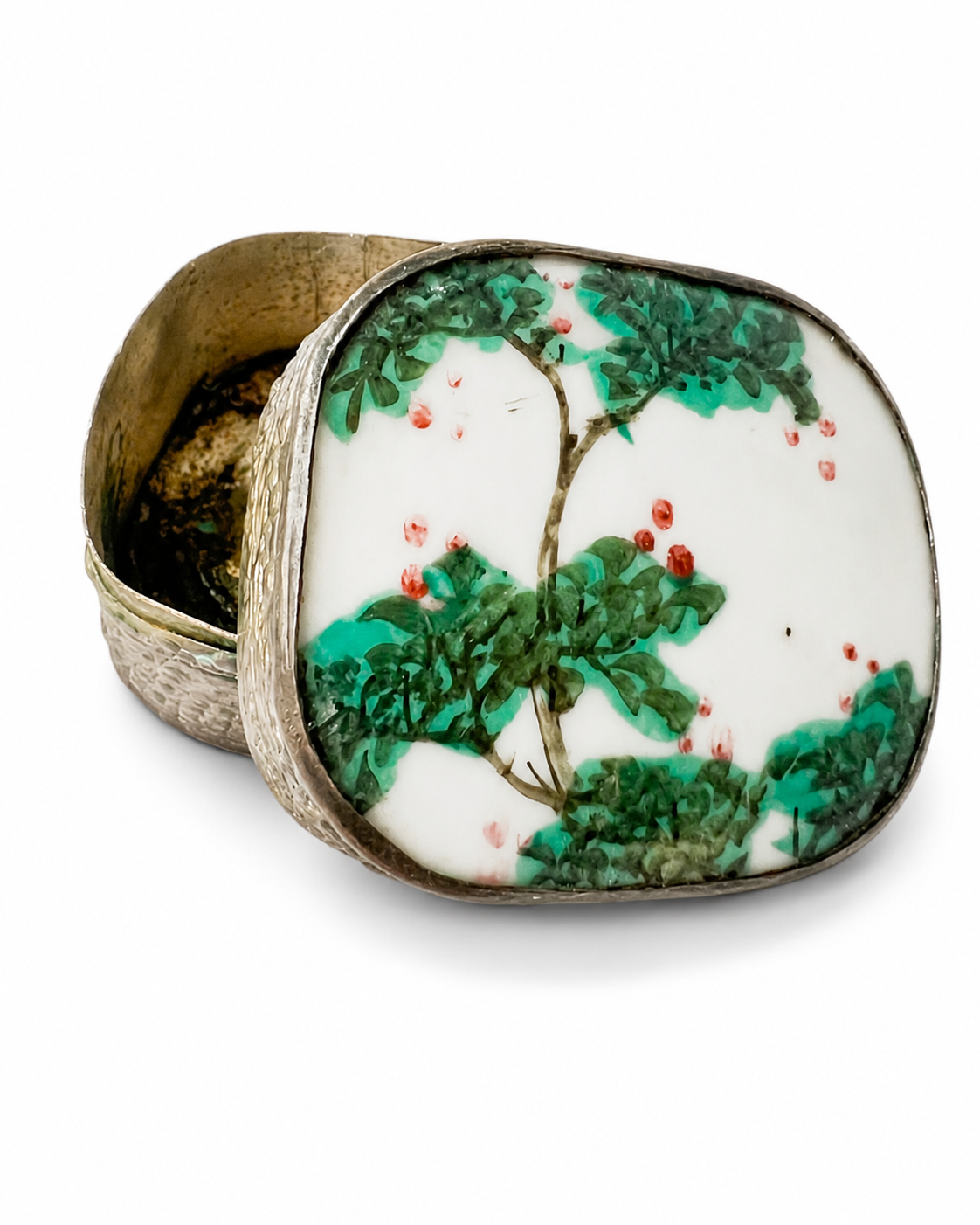 Vintage Chinese Porcelain Shard Boxes, Set of 3 Silver Tone Metal Trinket Boxes