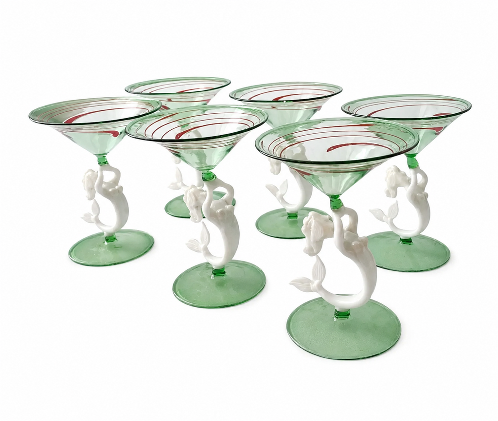 Lauscha Mermaid Glass Decanter Set, German Art Deco Green Glass Stemware, Circa 1900s