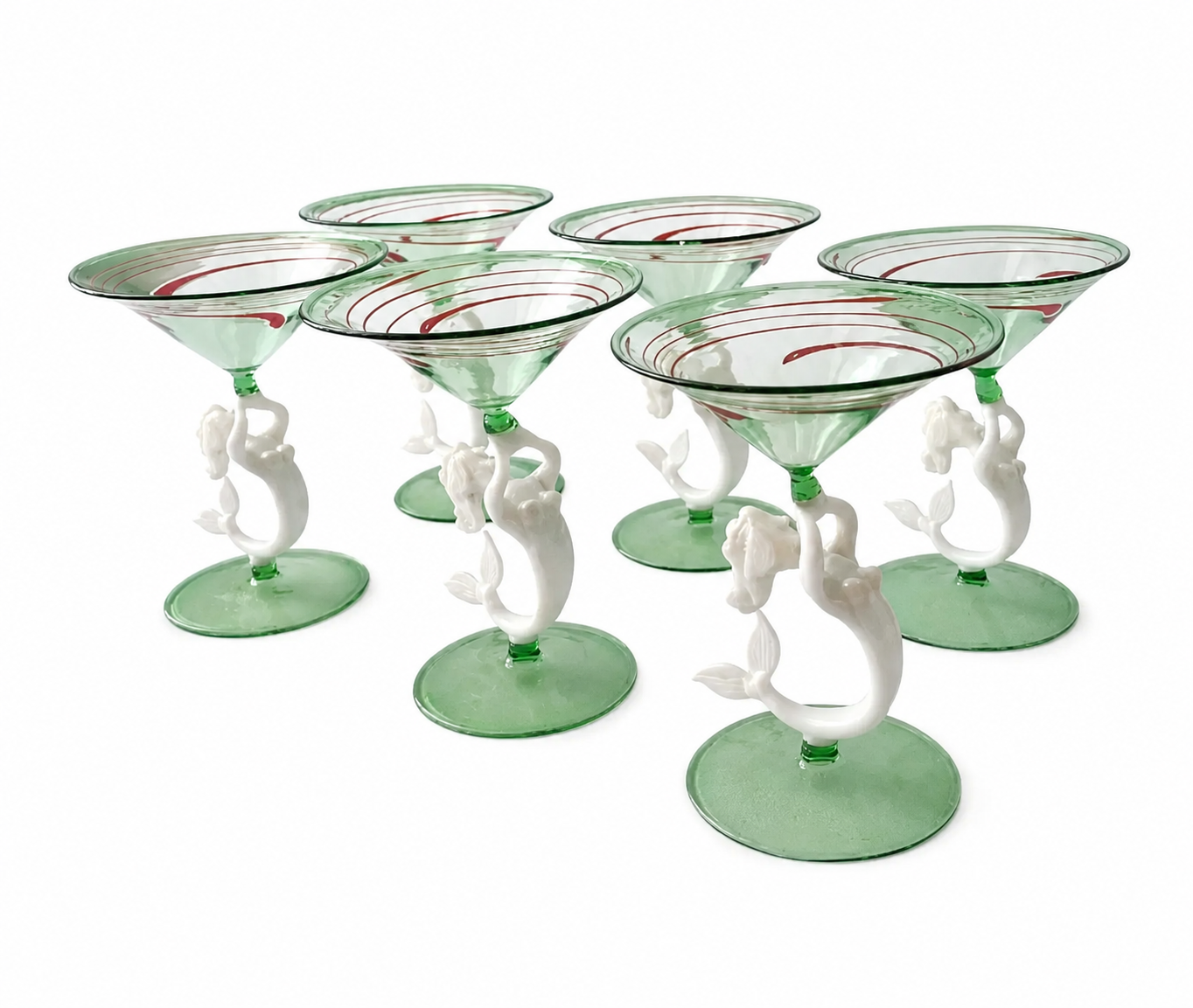 Lauscha Mermaid Glass Decanter Set, German Art Deco Green Glass Stemware, Circa 1900s