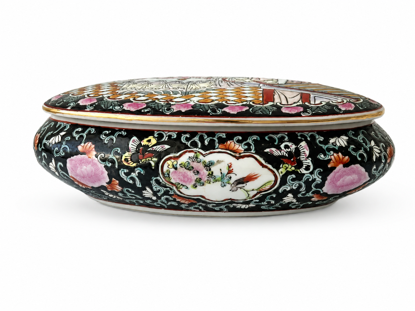 Large Vintage Chinese Porcelain Lidded Box, Hand Painted Famille Rose Court Scene, Marked Base, Jewelry Trinket Box