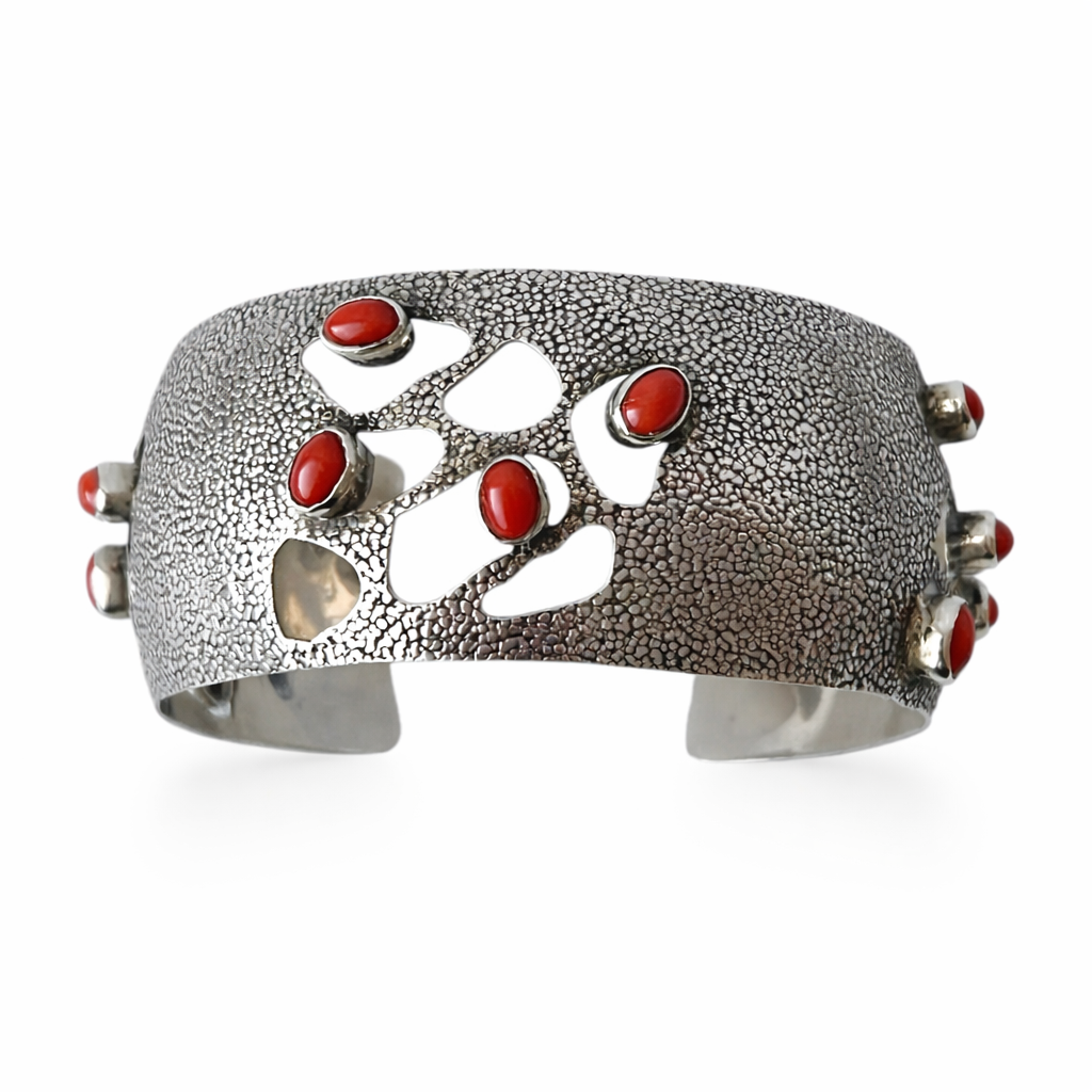 Vintage Silver Wide Cuff Bracelet With Mediterranean Coral.