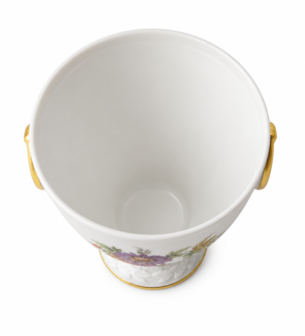 Porzellan Gloria Cachepot, West Germany Floral Porcelain Vase, Gold Trim