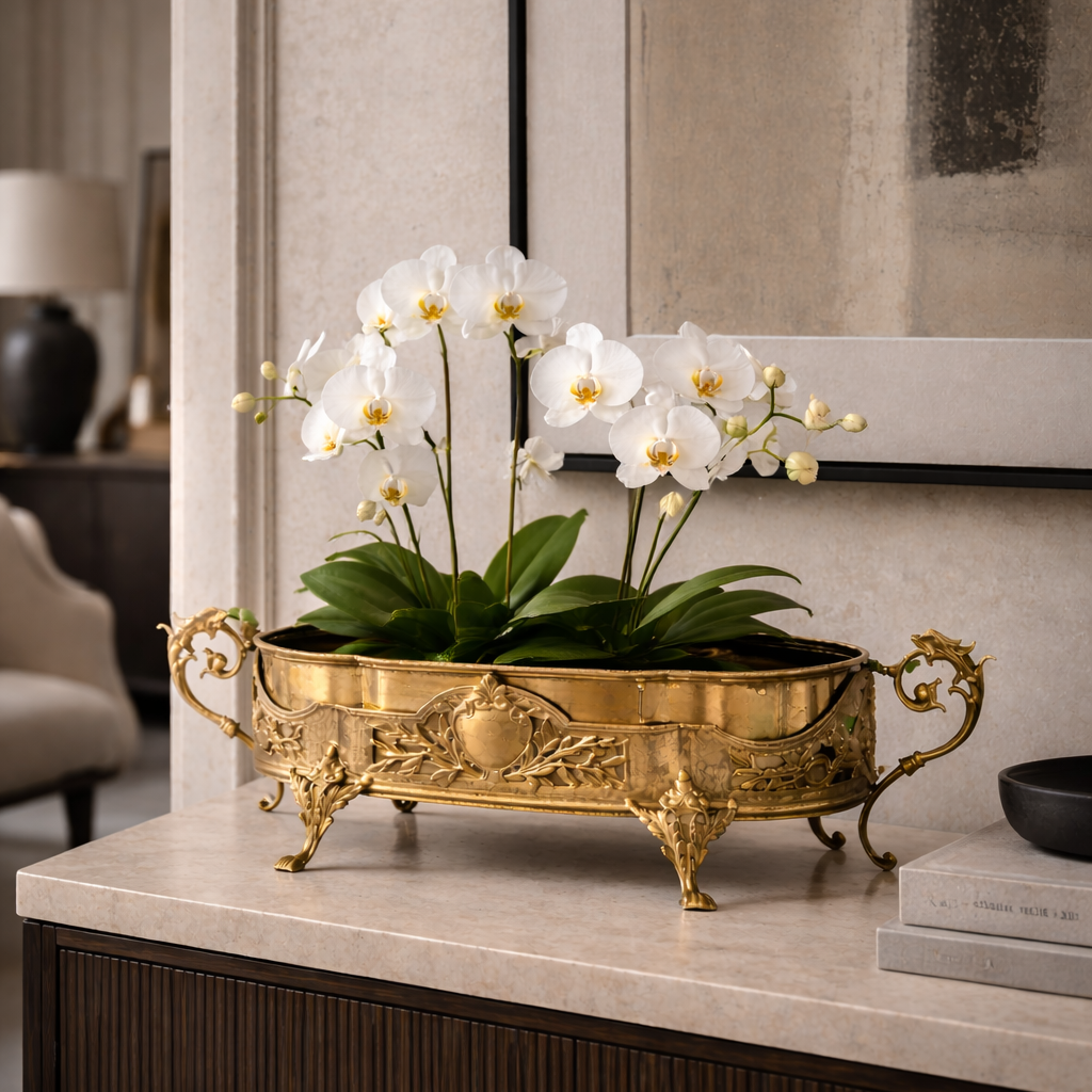 Antique French Dragon-Handle Brass Jardinière, Planter, Oval Footed Centrepiece.