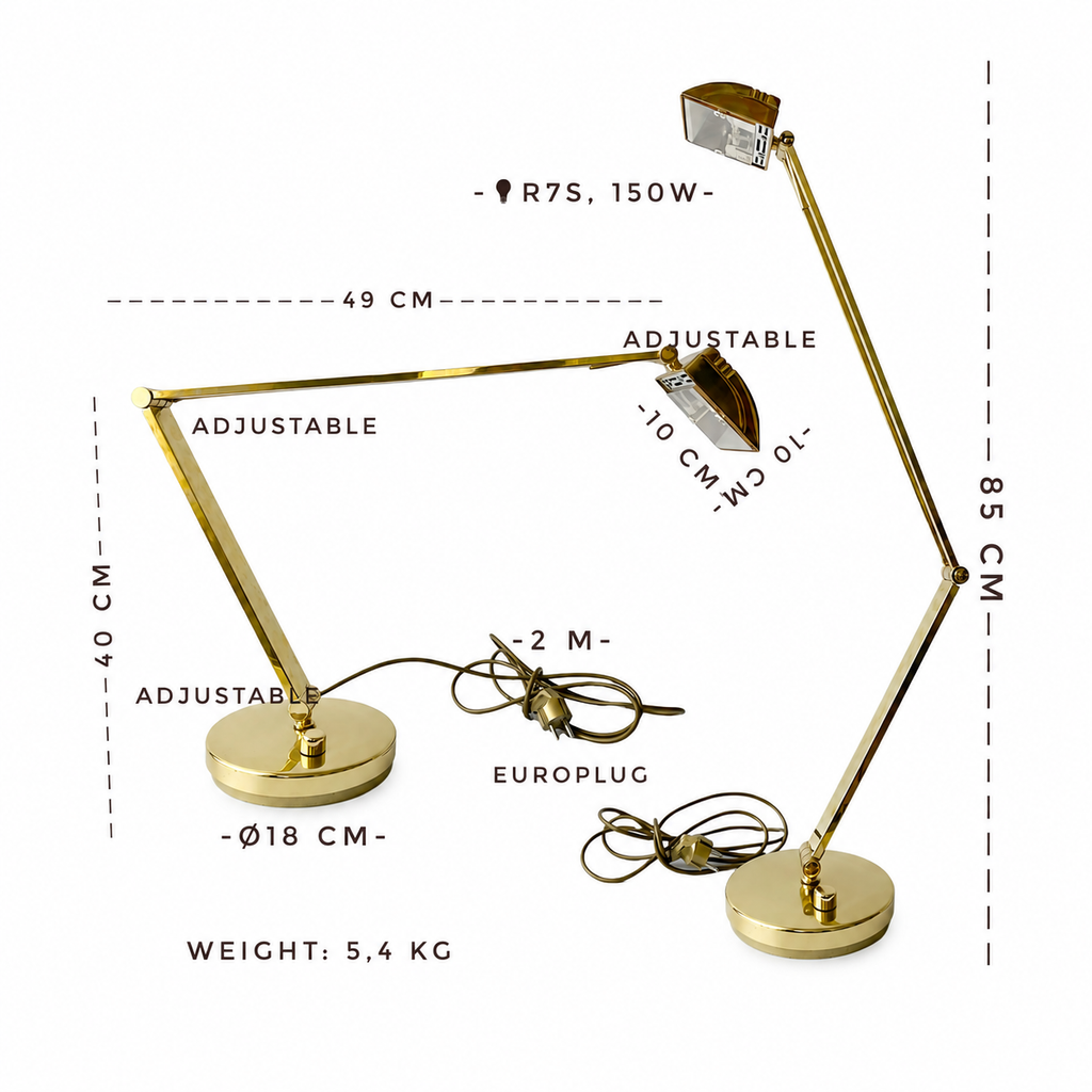 Vintage Hillebrand Brass Desk Lamp, German Adjustable Halogen Architect Lamp, 1970s–1980s