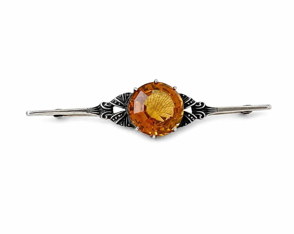 Art Deco Bar Brooch Orange Stone Silver Filigree 1920s Vintage Pin