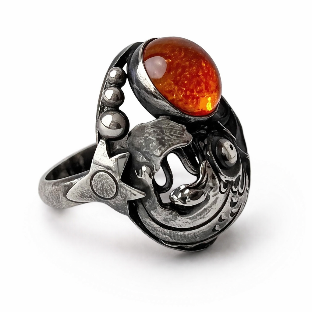 Niels Erik From Danish Sterling Silver Amber Ring Scandinavian Fish Design