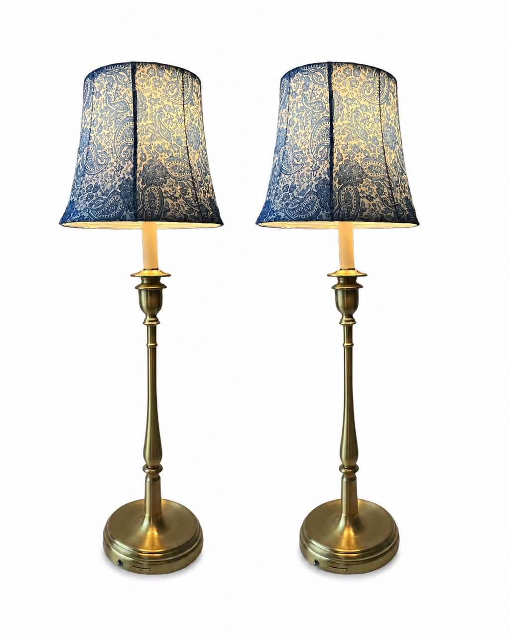 Pair Lauren Ralph Lauren Brass Table Lamps With Blue Paisley Fabric Shades