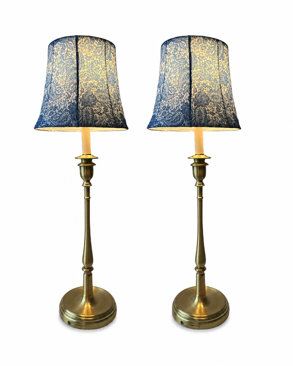 Pair Lauren Ralph Lauren Brass Table Lamps With Blue Paisley Fabric Shades