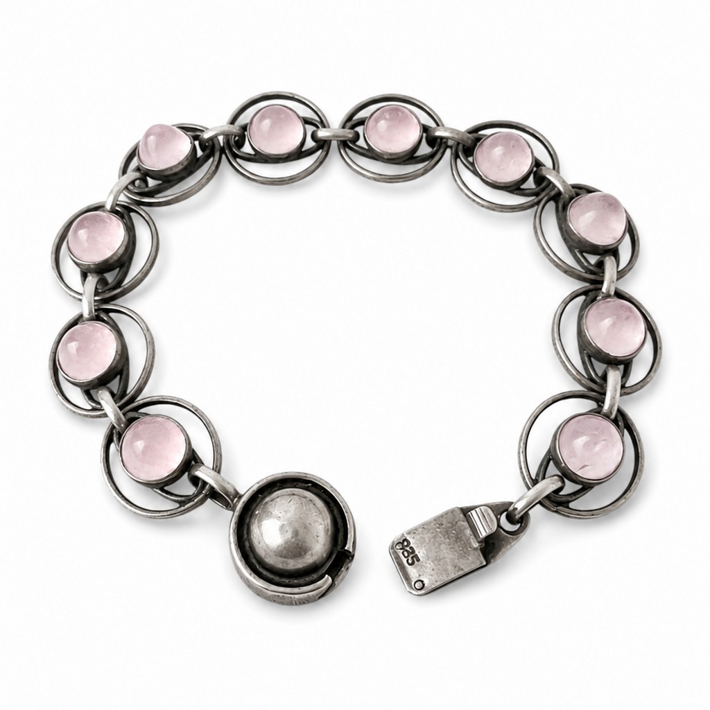Vintage Danish 835 Silver Rose Quartz Bracelet, 1970s Scandinavian Modernist Link Bracelet