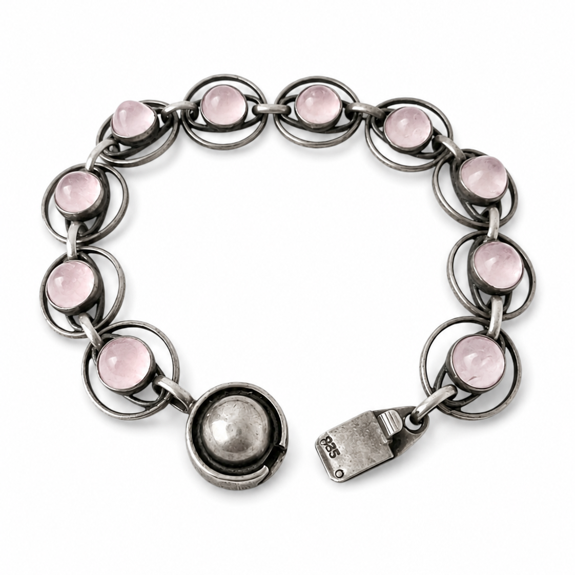Vintage Danish 835 Silver Rose Quartz Bracelet, 1970s Scandinavian Modernist Link Bracelet