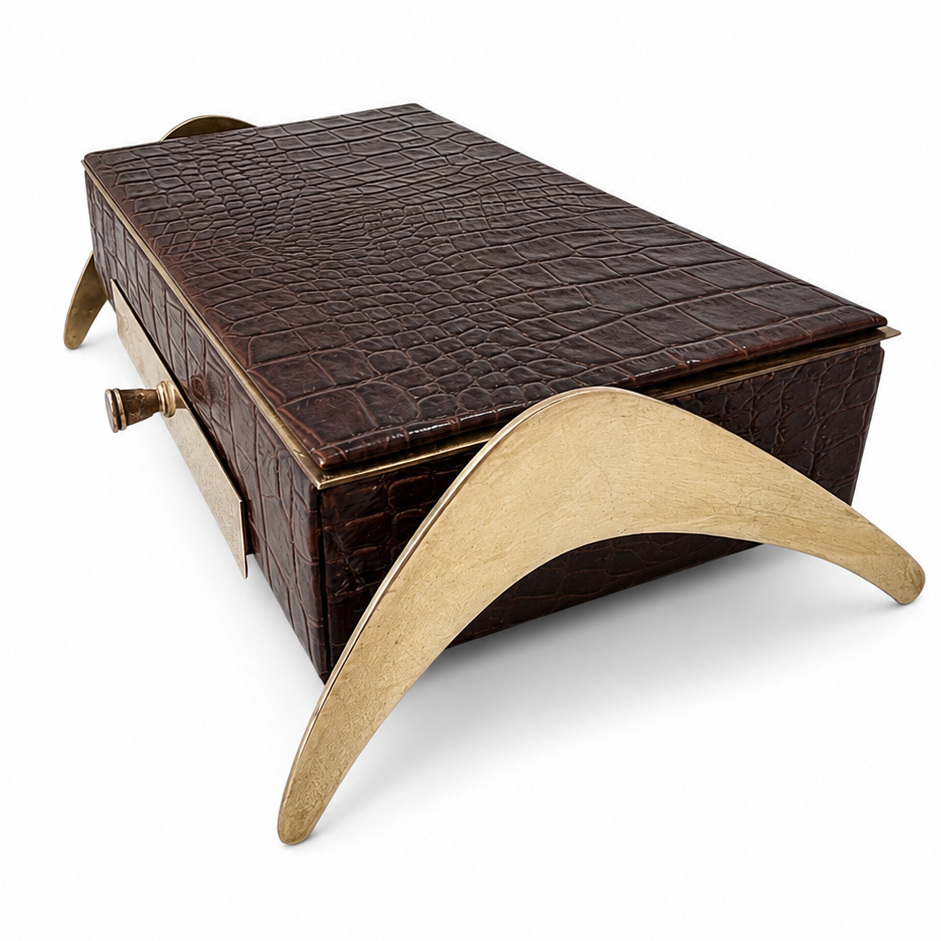 Vintage Brass and Wood Desk Box, Crocodile Effect Storage Box