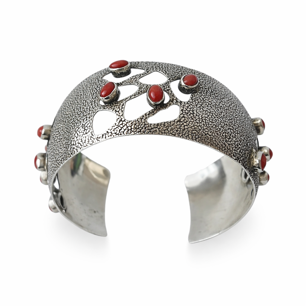 Vintage Silver Wide Cuff Bracelet With Mediterranean Coral.