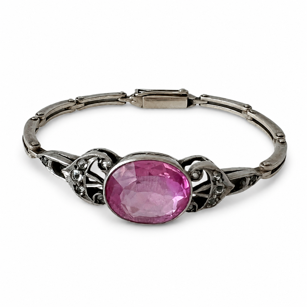 Soviet Russian 875 Silver Bracelet • Russkie Samotsvety • Pink Stone • 1960s USSR