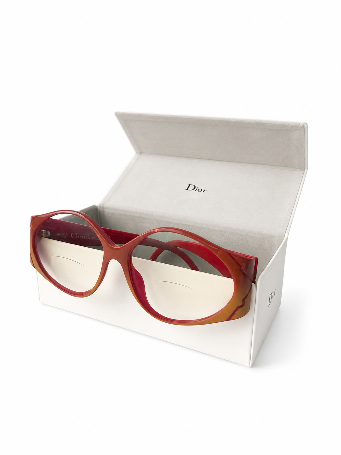 Vintage Christian Dior Glasses: Red & Brown Optyl Frame, Oversized Lens, Original Box