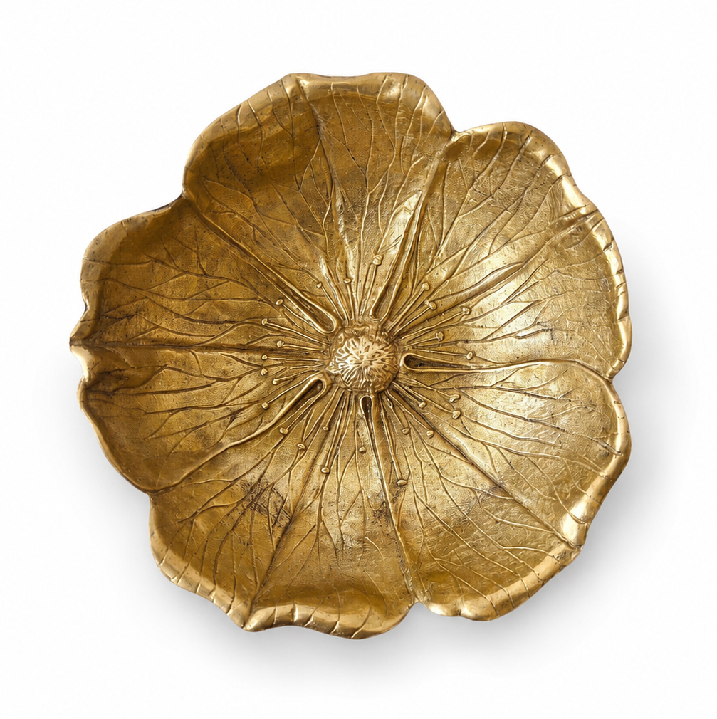 Vintage Solid Brass Flower Bowl, Heavy Bronze Gold Sculptural Centrepiece, Large Floral Decorative Bowl