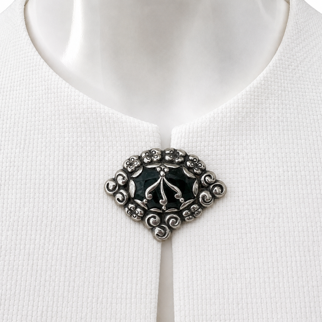 William Fuglede Danish 830S Silver Skønvirke Brooch with Green Cabochon