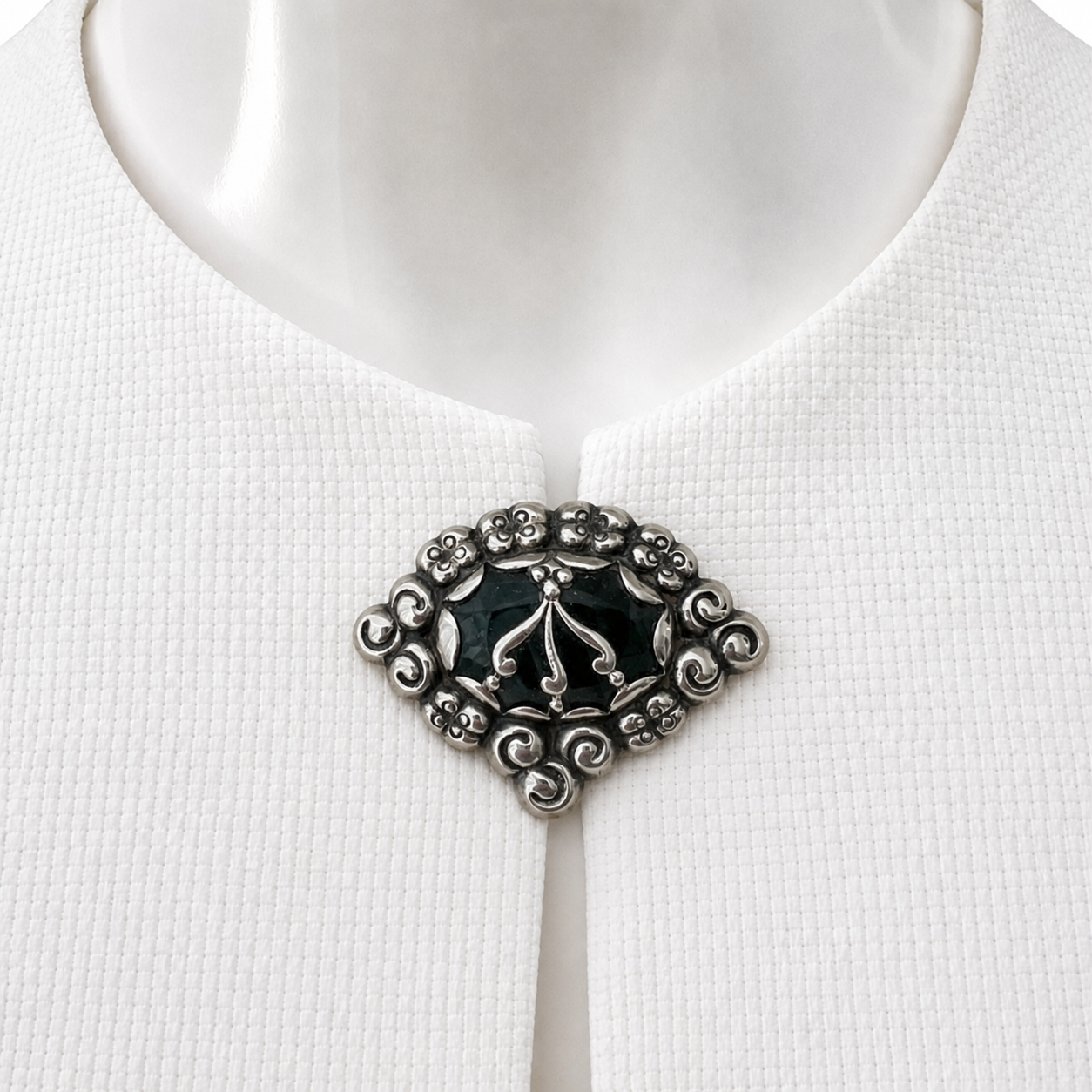 William Fuglede Danish 830S Silver Skønvirke Brooch with Green Cabochon