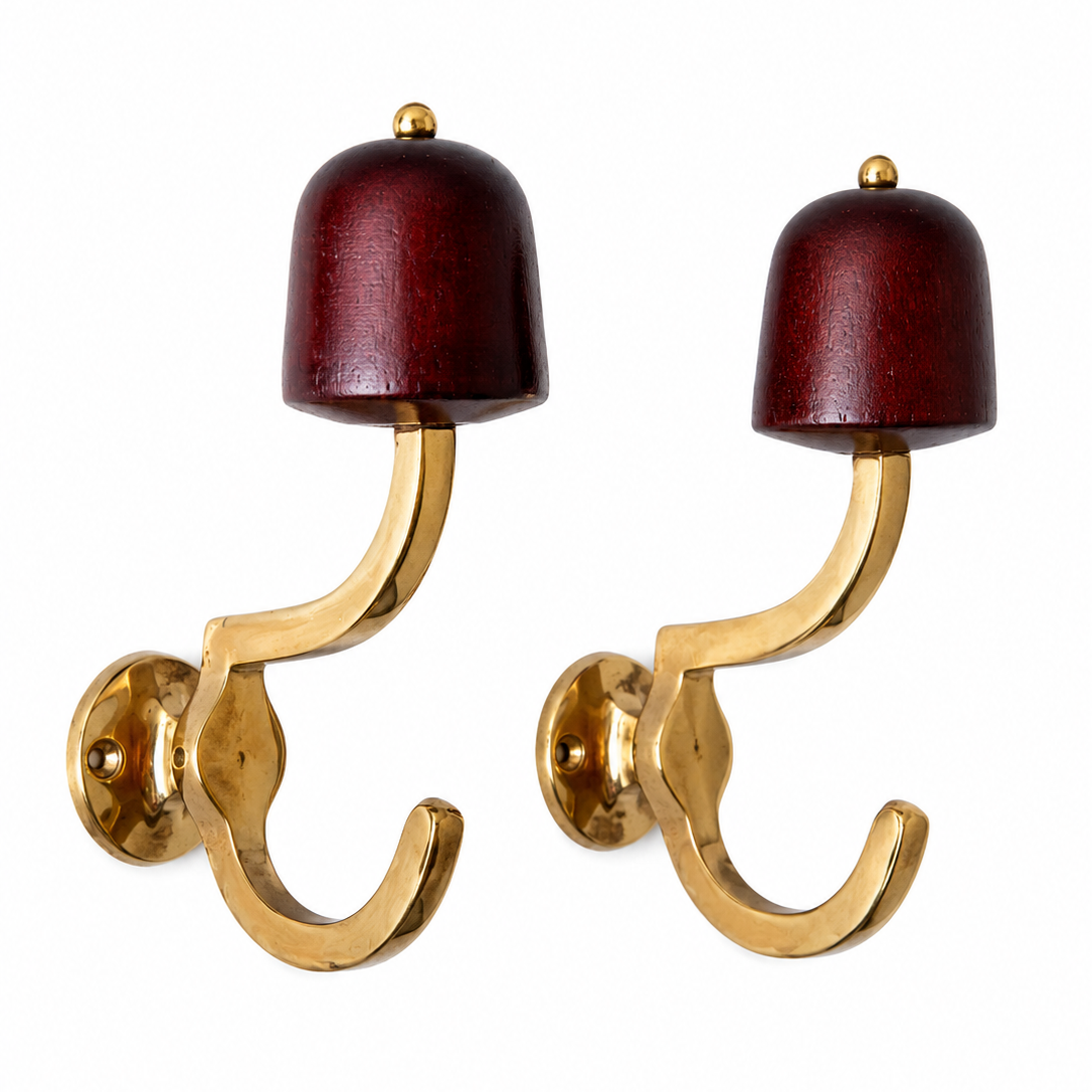 Pair Of Vintage Brass And Wood Wall Hooks, Mid Century Hallway Hardware
