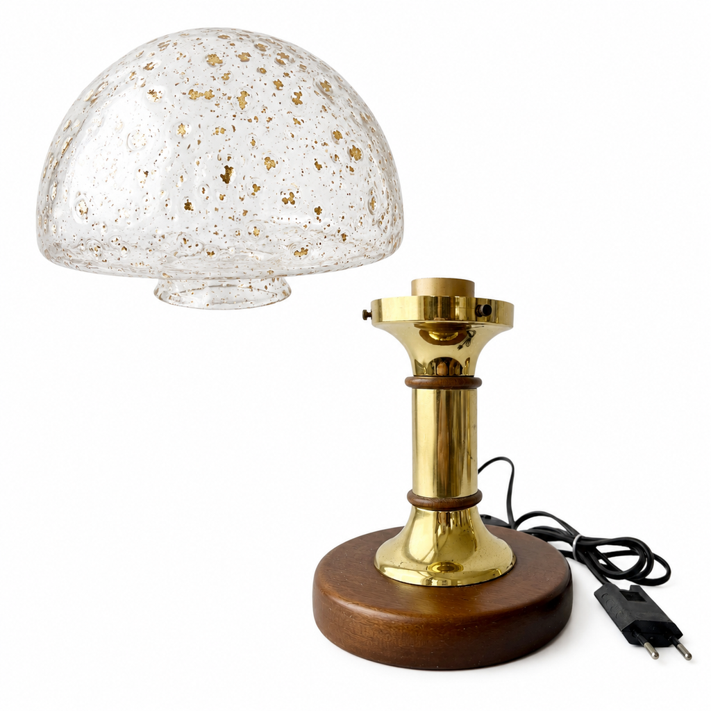 Vintage Helena Tynell Style Bubble Glass Table Lamps, Temde Brass Wood Pair