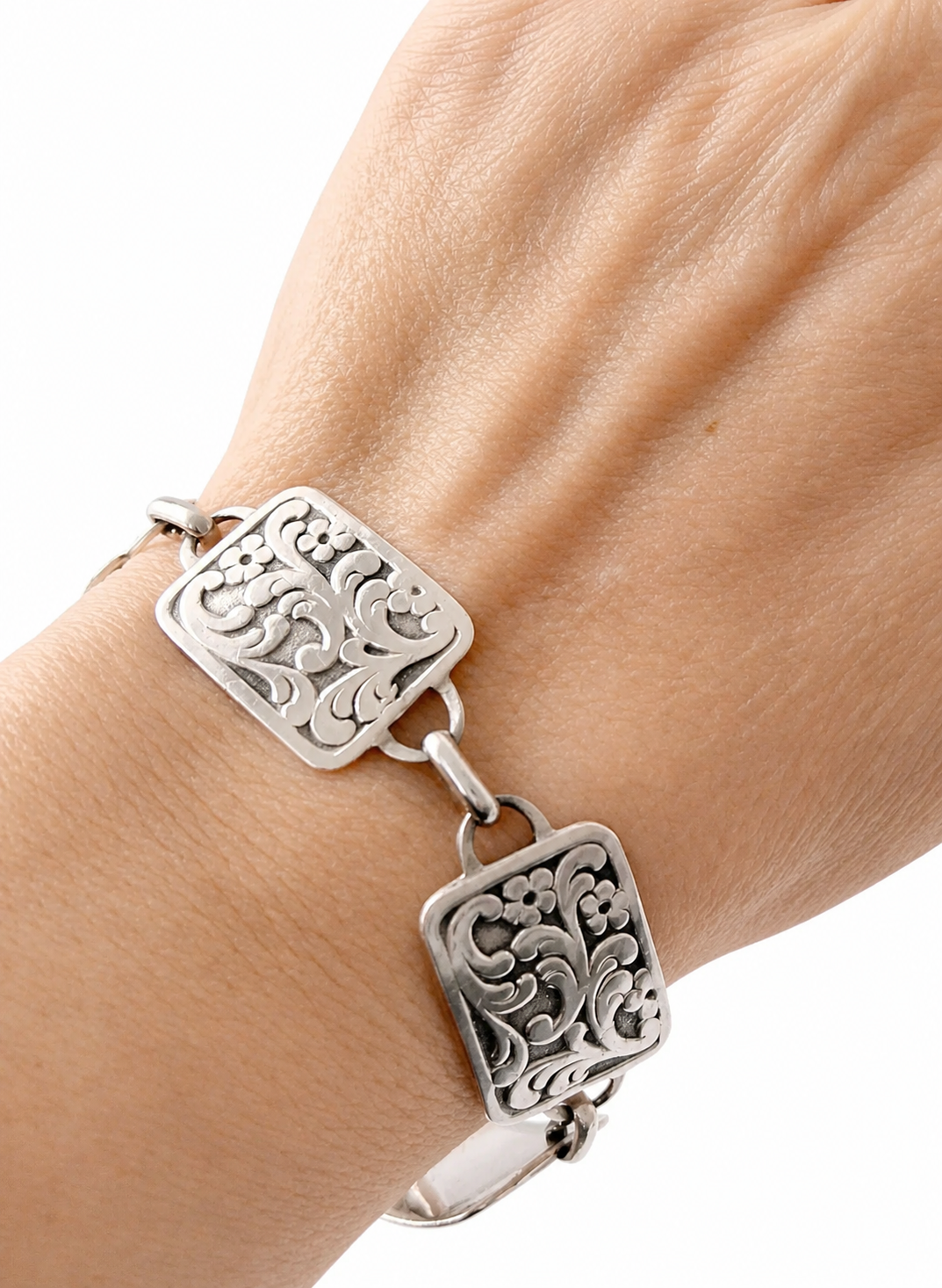 Vintage 835 Silver Floral Panel Bracelet