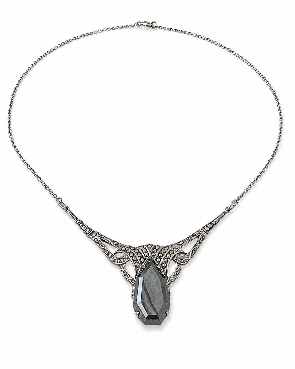 Antique Art Deco 800 Silver Marcasite Hematite Necklace 1920s