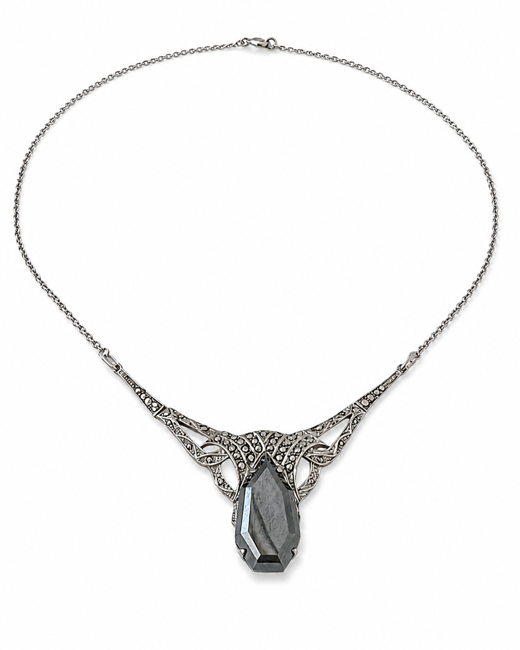 Antique Art Deco 800 Silver Marcasite Hematite Necklace 1920s