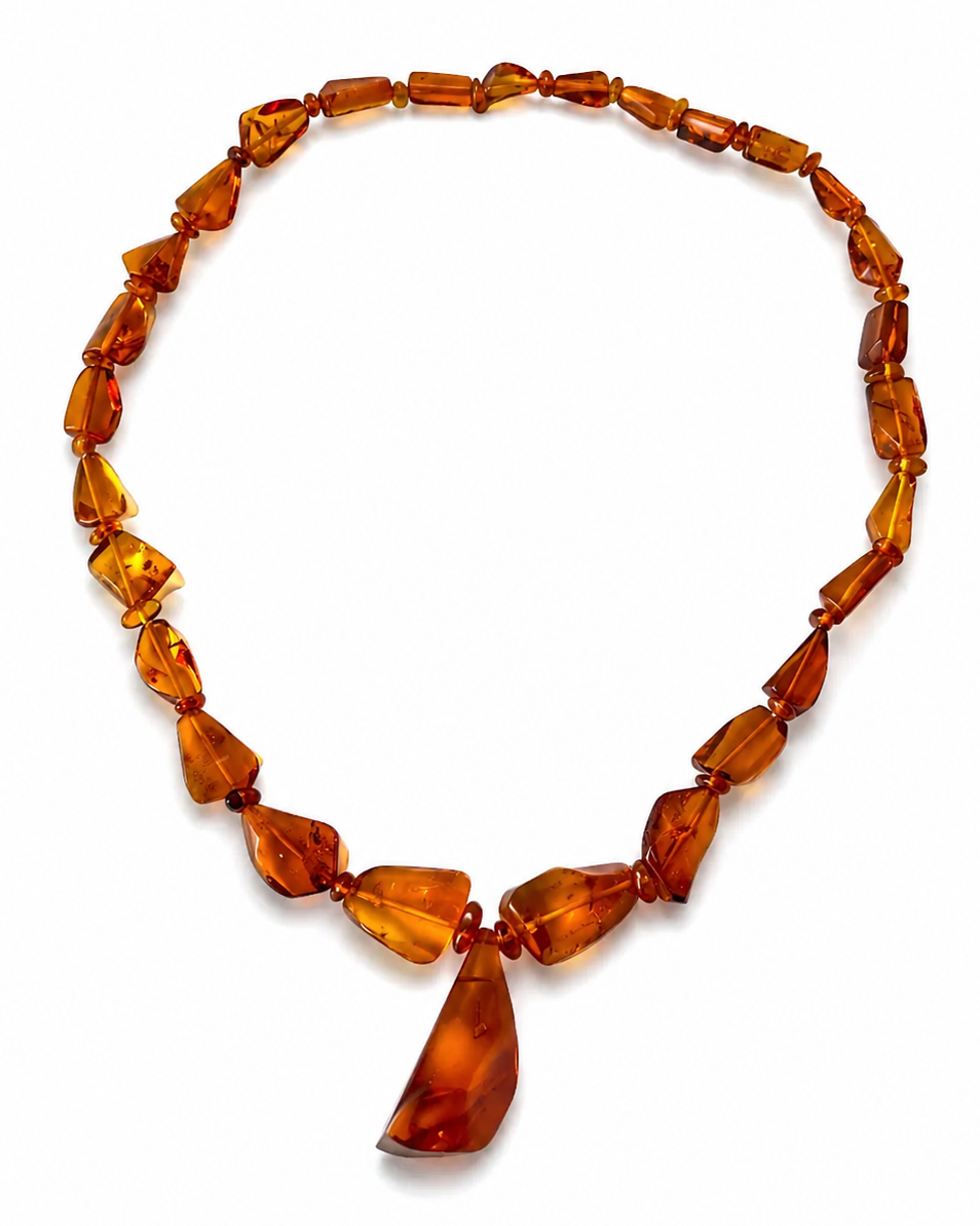 Vintage Natural Amber Necklace With Drop Pendant, Honey Cognac Beads.