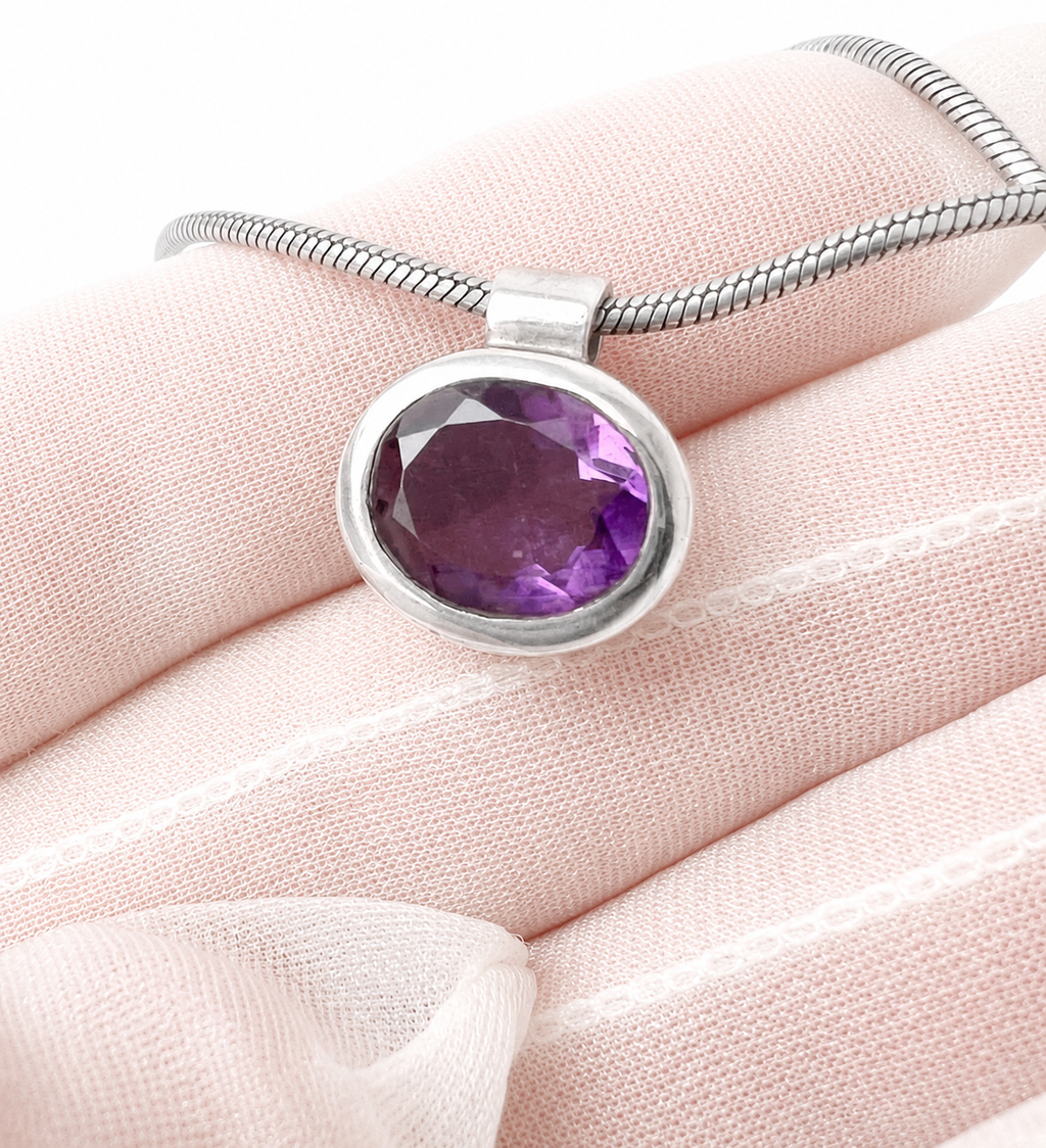 Sterling Silver Amethyst Pendant Necklace, 925 Snake Chain, Purple Gemstone Pendant
