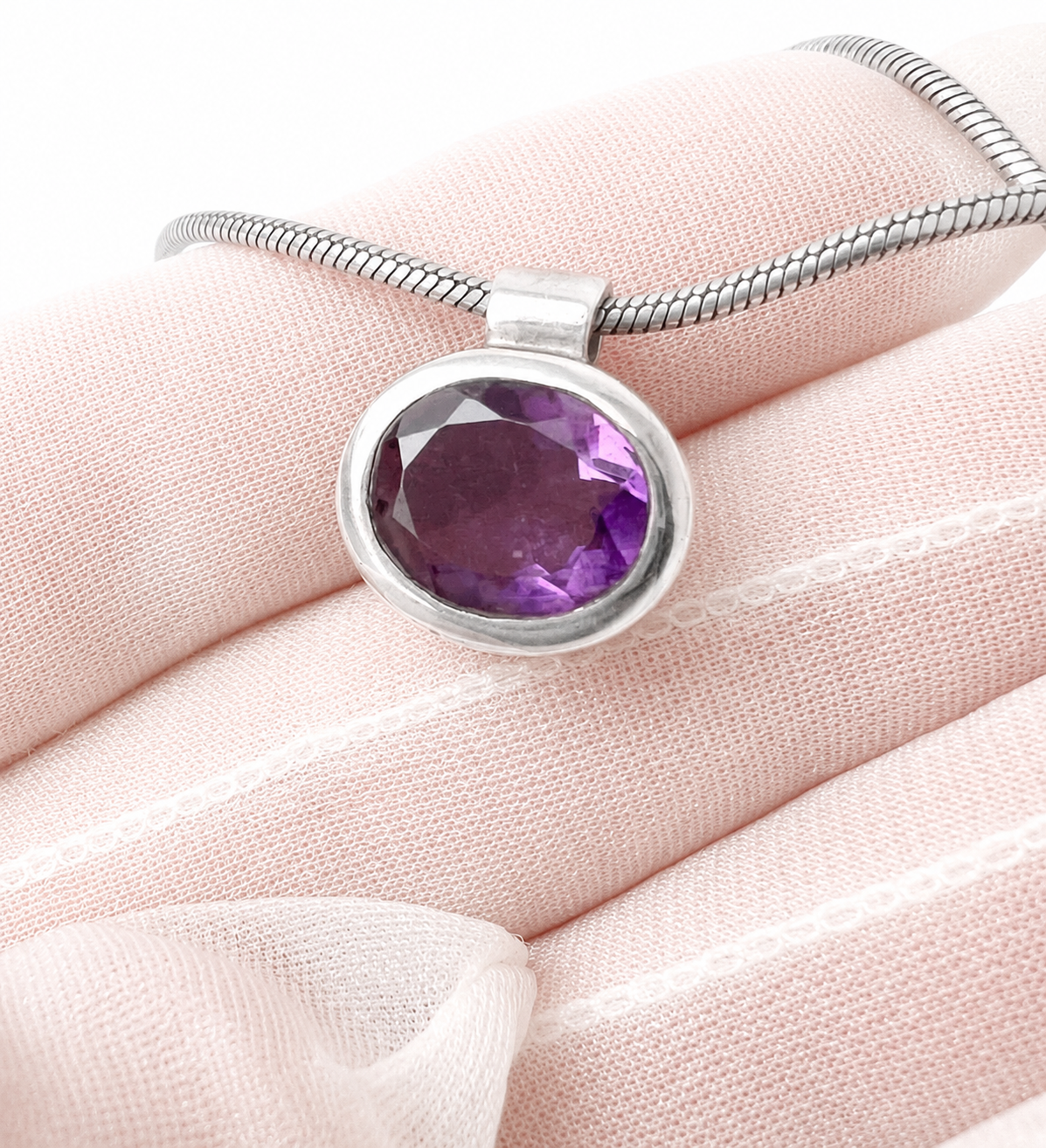 Sterling Silver Amethyst Pendant Necklace, 925 Snake Chain, Purple Gemstone Pendant