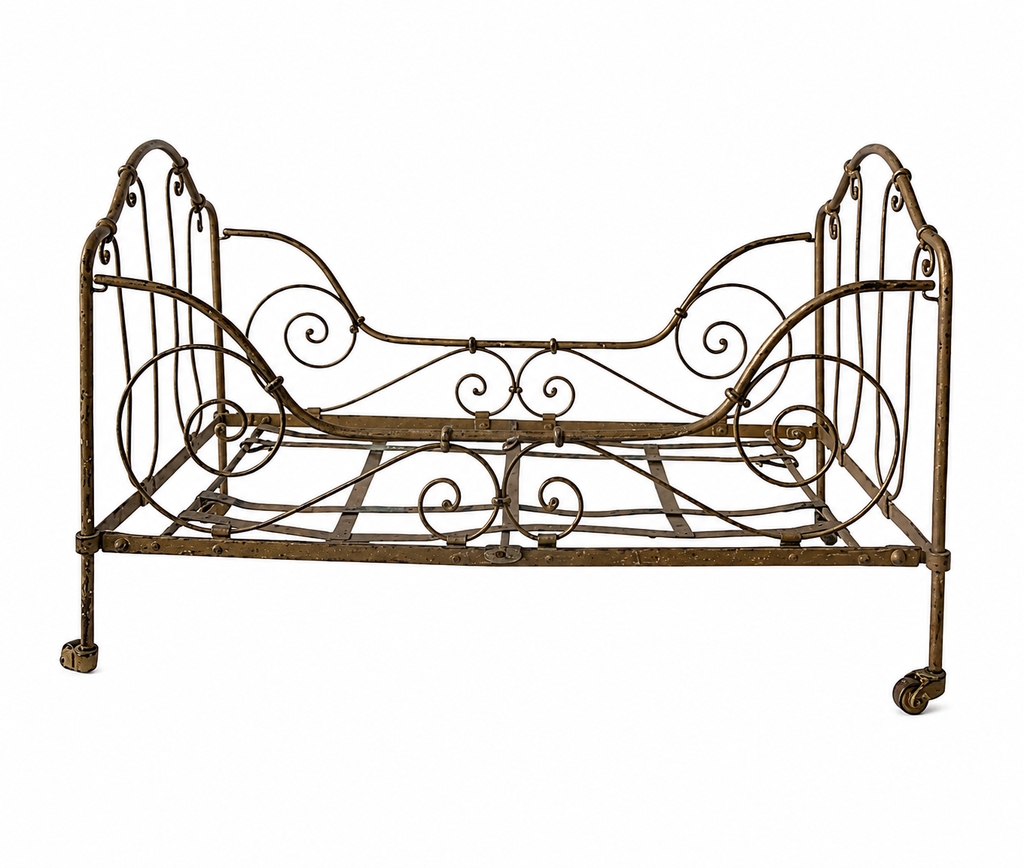 Antique Metal Doll Bed on Castors, 60 cm, Disassemblable